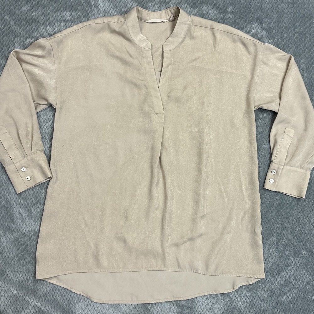 Soft Surroundings M Popover Tunic Top White Coastal Beach Vacation Gold Metallic